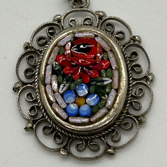 Vintage Italian Micro Mosaic Oval Pendant With Filigree Detailing Floral Design - Picture 3 of 14